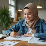 Jeune femme écrivant en arabe dans un carnet à la maison