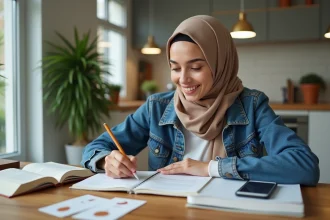 Jeune femme écrivant en arabe dans un carnet à la maison