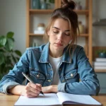 Jeune femme en denim à étudier le code de la route