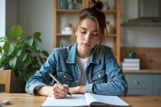 Jeune femme en denim à étudier le code de la route