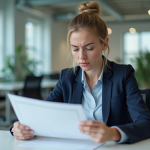 Jeune femme en bureau professionnel avec papiers