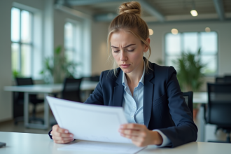 Jeune femme en bureau professionnel avec papiers