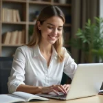 Jeune femme professionnelle travaillant sur son ordinateur dans un bureau moderne