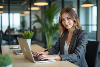 Jeune femme au bureau travaillant sur son ordinateur