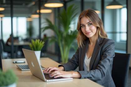 Jeune femme au bureau travaillant sur son ordinateur