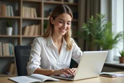 Jeune femme professionnelle travaillant sur son ordinateur dans un bureau moderne