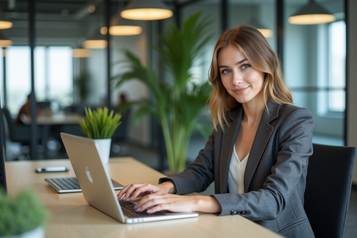 Jeune femme au bureau travaillant sur son ordinateur