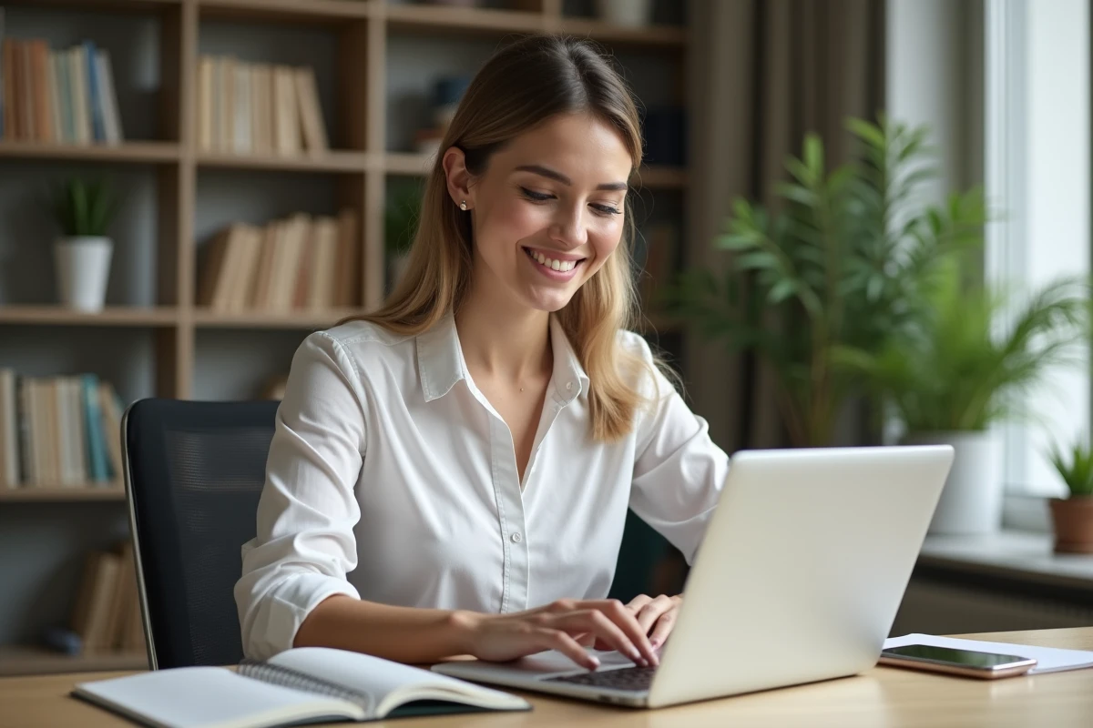 Jeune femme professionnelle travaillant sur son ordinateur dans un bureau moderne
