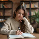 Jeune femme en sweater beige écrit dans un cahier d'espagnol