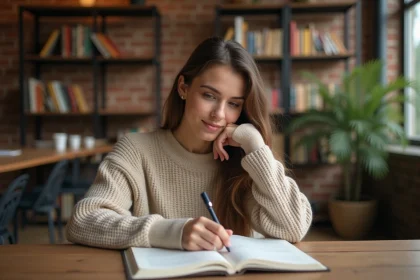 Jeune femme en sweater beige écrit dans un cahier d'espagnol