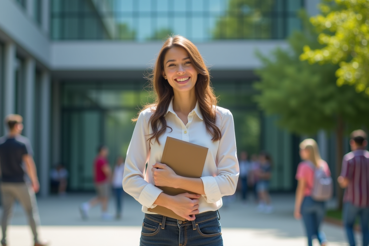 Jeune femme souriante avec un diplôme sur un campus universitaire