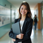 Jeune femme souriante avec un diplôme dans un couloir universitaire