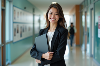 Jeune femme souriante avec un diplôme dans un couloir universitaire