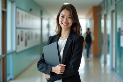 Jeune femme souriante avec un diplôme dans un couloir universitaire