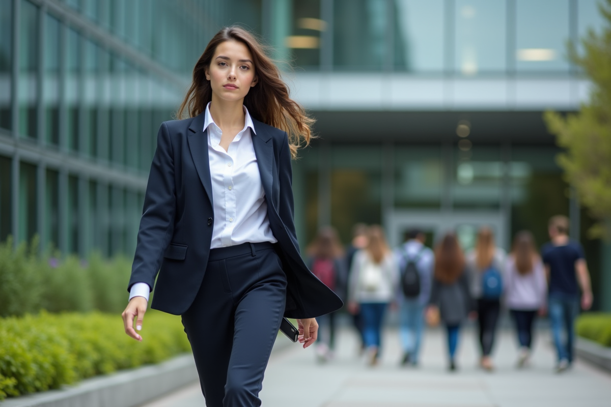 Jeune étudiante en marche devant une bibliothèque moderne
