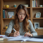 Jeune femme en étude concentrée dans un espace cozy