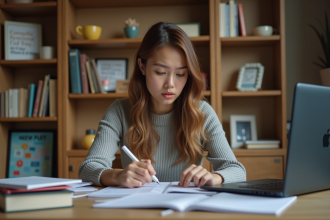 Jeune femme en étude concentrée dans un espace cozy