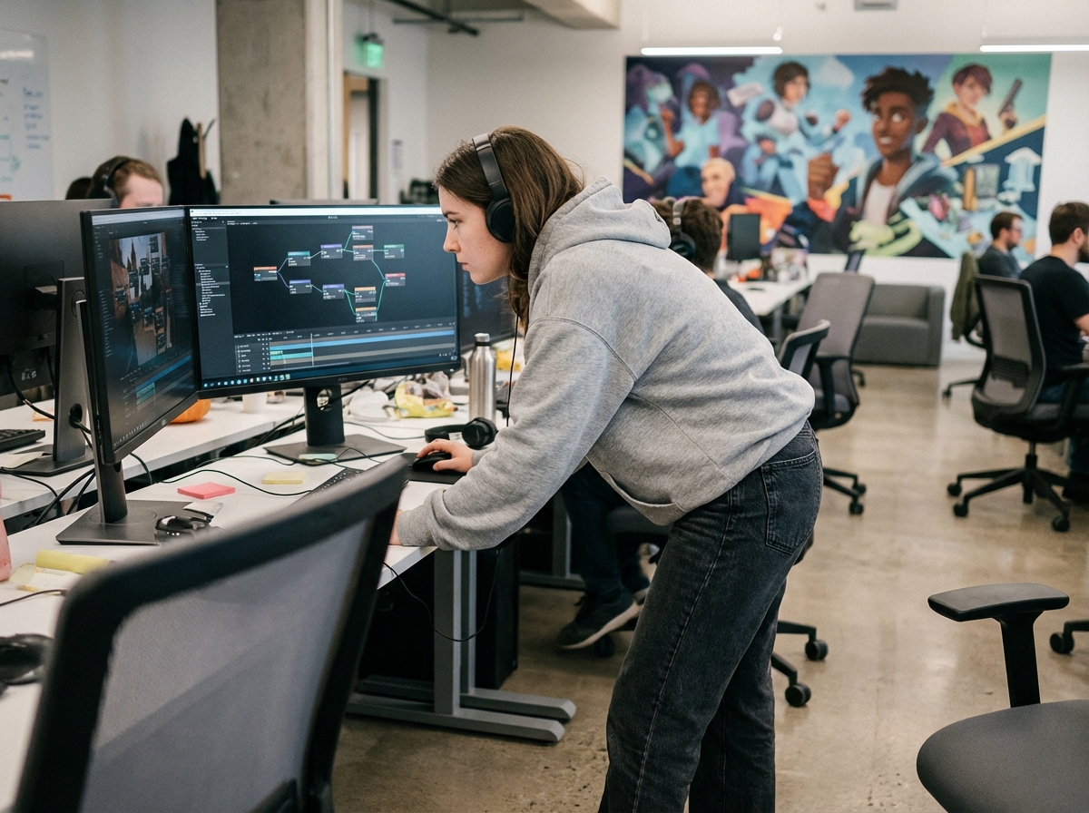 Jeune femme concentrée sur un jeu vidéo sur ordinateur