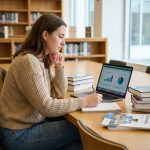 Jeune femme en bibliothèque étudiant et prenant des notes