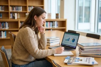 Jeune femme en bibliothèque étudiant et prenant des notes