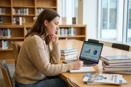 Jeune femme en bibliothèque étudiant et prenant des notes