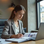 Jeune femme en blazer arrangeant des documents marketing dans un bureau parisien