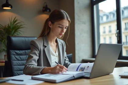 Jeune femme en blazer arrangeant des documents marketing dans un bureau parisien