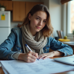 Jeune femme en cuisine remplissant des papiers avec concentration