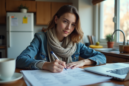 Jeune femme en cuisine remplissant des papiers avec concentration
