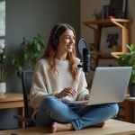 Jeune femme en home office parlant dans un micro casque