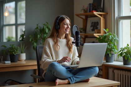 Jeune femme en home office parlant dans un micro casque