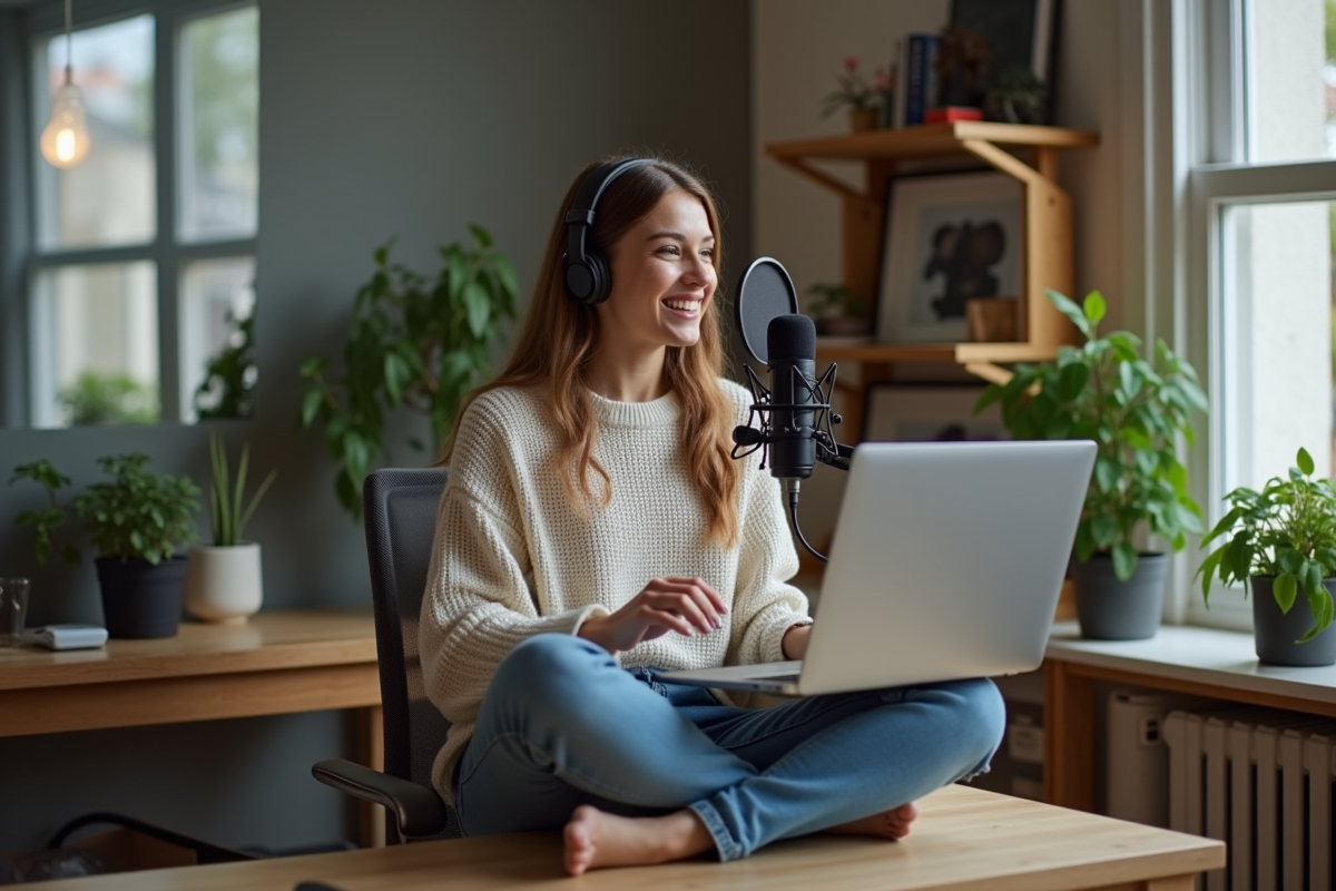 Jeune femme en home office parlant dans un micro casque