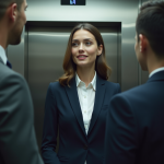 Jeune femme en blazer dans un ascenseur moderne