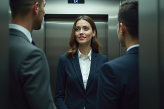 Jeune femme en blazer dans un ascenseur moderne