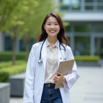 Jeune femme diplômée en santé dans une cour universitaire