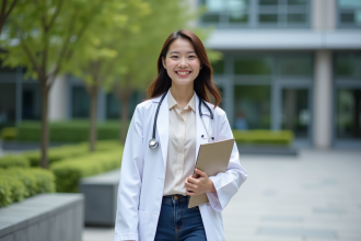 Jeune femme diplômée en santé dans une cour universitaire