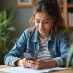 Jeune femme en denim et rayures utilise son smartphone à la maison