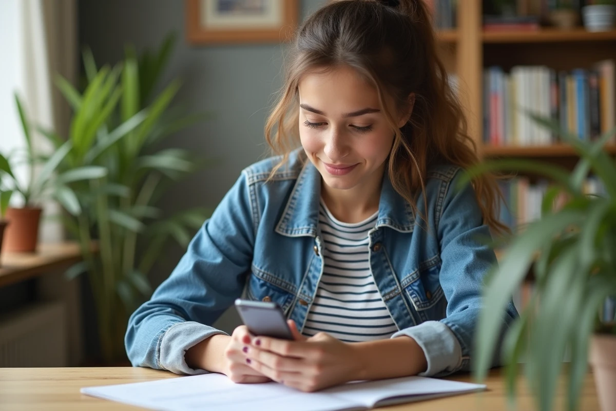 Jeune femme en denim et rayures utilise son smartphone à la maison