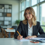 Jeune femme en réunion prenant des notes dans un bureau lumineux
