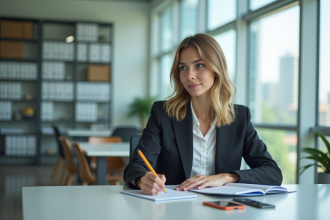 Jeune femme en réunion prenant des notes dans un bureau lumineux