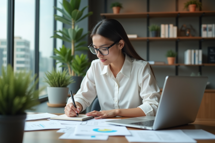 Jeune femme en bureau partageant un espace de coworking