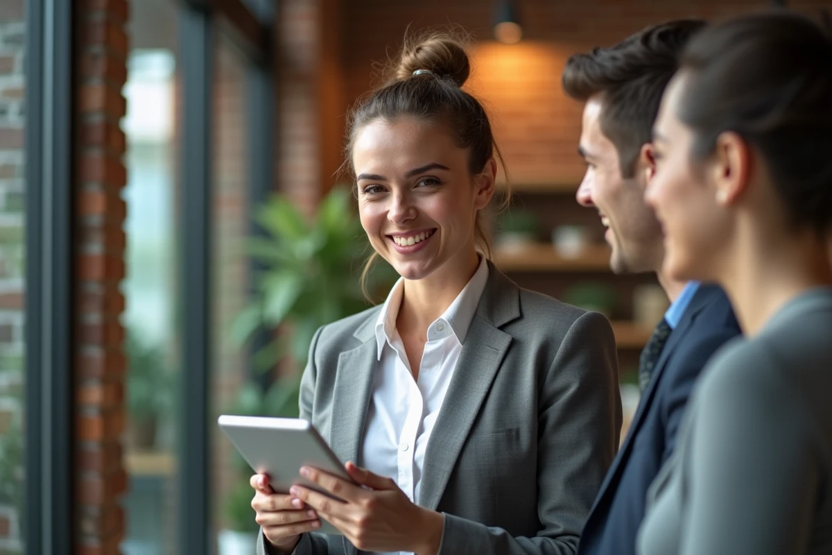 Jeune femme souriante avec tablette dans espace collaboratif