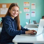 Jeune fille au lycée travaillant sur un ordinateur portable