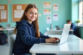 Jeune fille au lycée travaillant sur un ordinateur portable