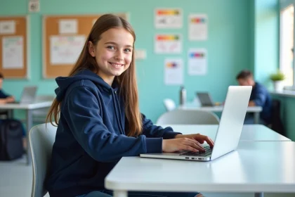 Jeune fille au lycée travaillant sur un ordinateur portable