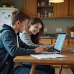 Jeune garçon et mère utilisant un ordinateur à la maison