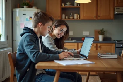 Jeune garçon et mère utilisant un ordinateur à la maison