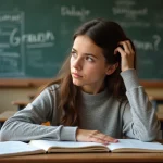 Jeune fille en classe avec livre de grammaire française