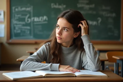 Jeune fille en classe avec livre de grammaire française