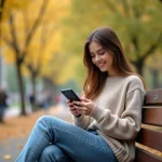 Jeune étudiante assise dans un parc avec smartphone